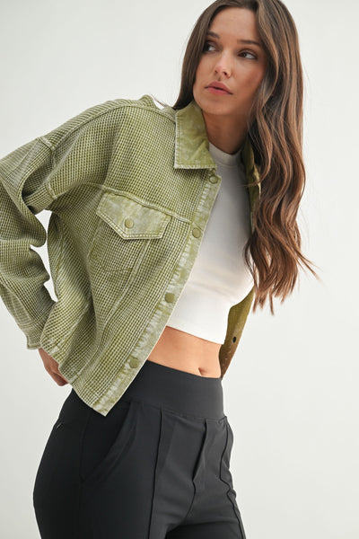 Mineral Wash Waffle Knit Cropped Jacket