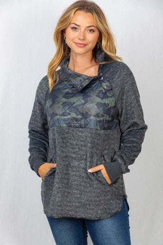 Camo Button Neckline Pullover
