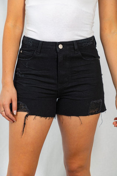 High Rise Distressed Black Denim Shorts