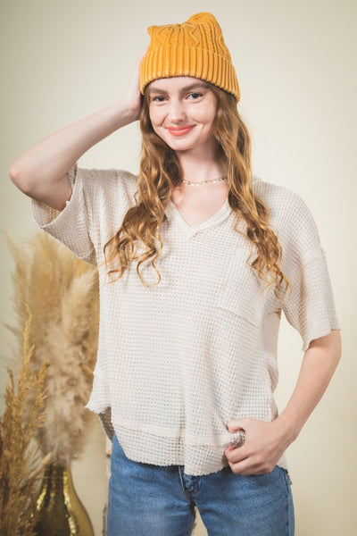 Waffle Knit V-Neck Pocket Top
