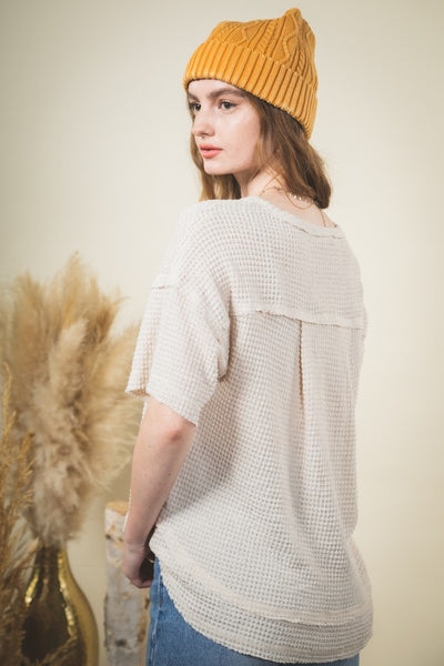 Waffle Knit V-Neck Pocket Top