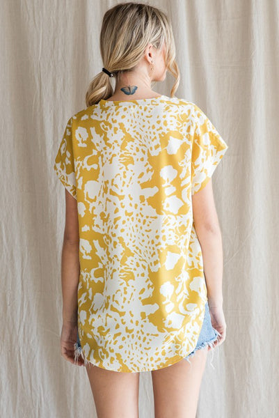 Mustard Print V-Neck Blouse