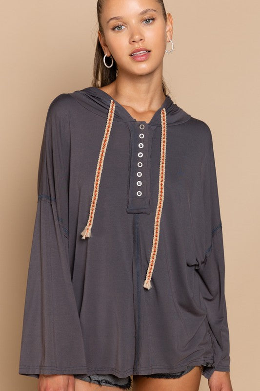 Hooded Button Neckline Long Sleeve