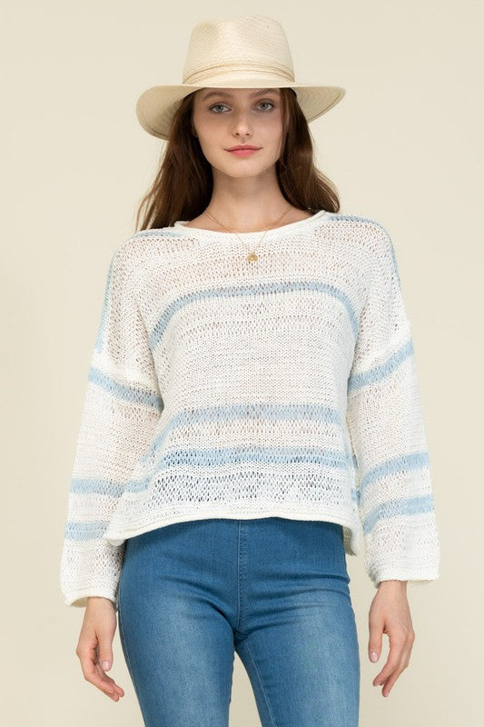 Open Knit Sweater w/ Blue Stripes