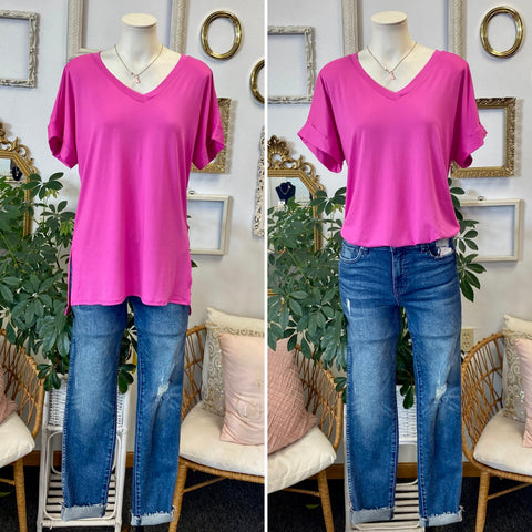 Fuchsia V-Neck Short Sleeve