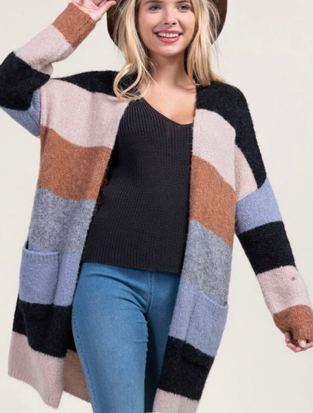 Colorblock Cardigan with Front Pockets